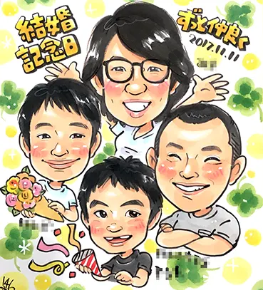 子供がクラッカーで両親の結婚記念日を祝っているシーンを描いた似顔絵