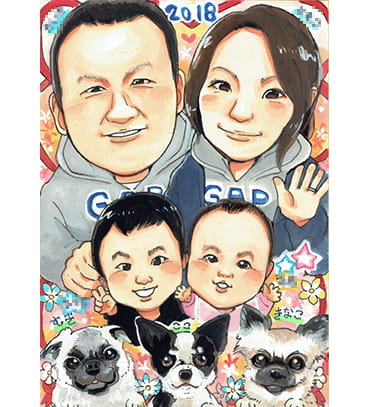 「いちろ」作の犬も描いた結婚記念日の家族似顔絵