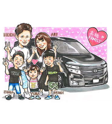 「Mamoru」作の通常タッチで描いた家族の似顔絵