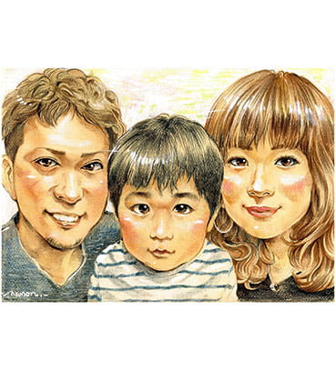 「mamoru」作の鉛筆画で描いた家族の似顔絵