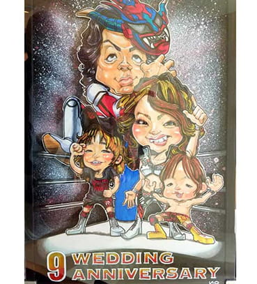 「nokko」作のプロレスコスチューム姿の結婚記念日の立体似顔絵