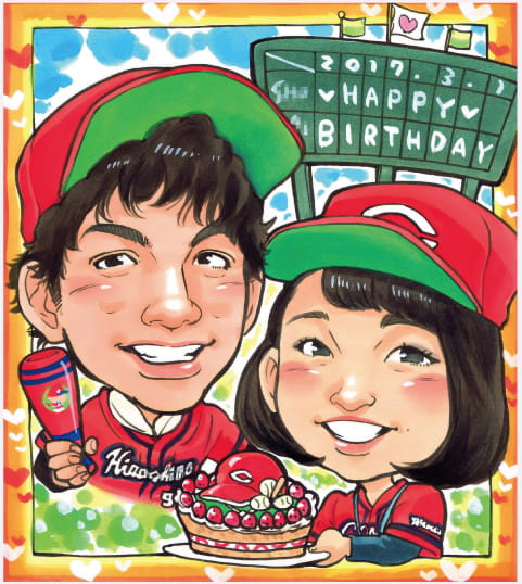 nocchiが描いたカープユニフォーム姿のお付き合い記念日似顔絵