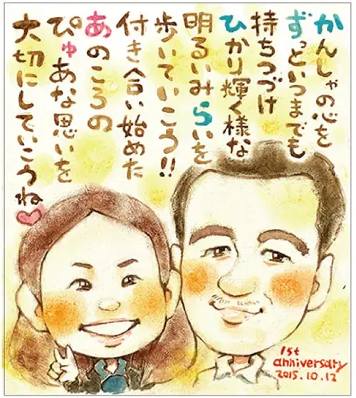 「黒木」作のお名前ポエム入りカップル2年記念日似顔絵