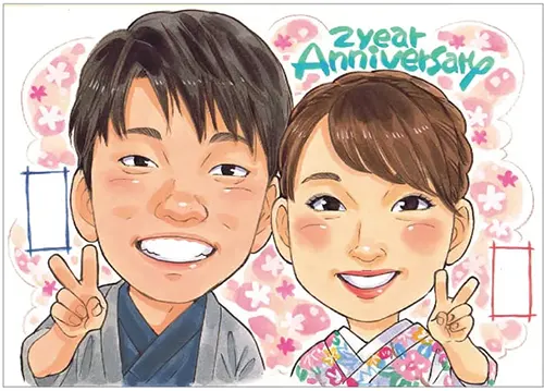 着物姿のnocchiのカップル2年記念日似顔絵