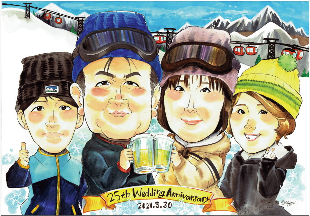 似顔絵師「金井かすみ」作の夫婦を描いた結婚記念日似顔絵