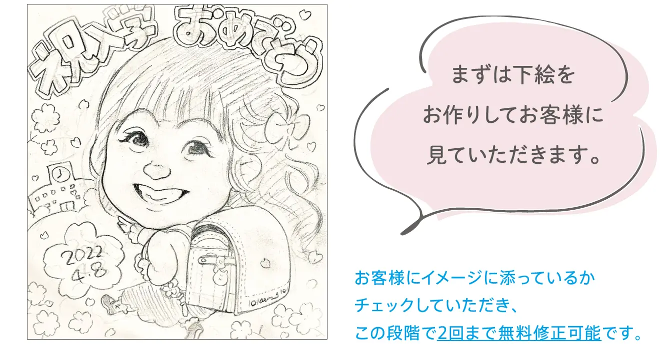 まずは下絵をお作りしてお客様に見ていただきます。お客様にイメージに添っているかチェックしていただき、この段階で2回まで無料修正可能です。