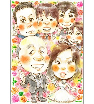 「黒木」作のパステルタッチの家族の似顔絵