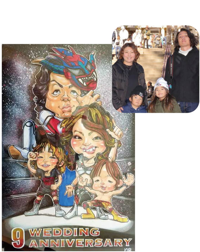 nokko作のプロレスコスチューム姿の家族を描いた立体似顔絵