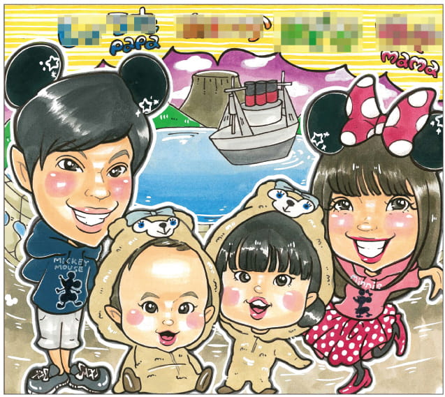 はちみつぱーこ作の遊園地背景の家族の似顔絵