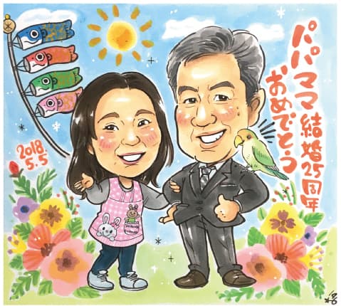 146が描いた仕事着姿の銀婚式の似顔絵