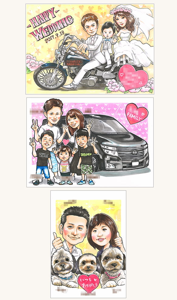Mamoruが描いたバイクや車の似顔絵2枚とペット似顔絵1枚
