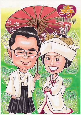 和装姿の似顔絵ウェルカムボード