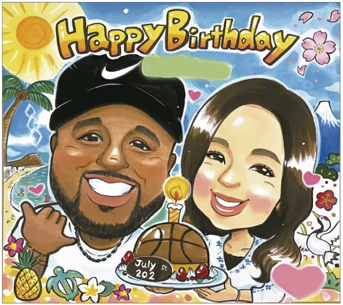 ハワイ背景で彼氏の誕生日にバスケットボールケーキを描いた似顔絵