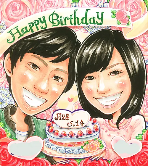 ピンクのバラ背景でカップルを描いた彼氏の誕生日祝い似顔絵 | かっつん作