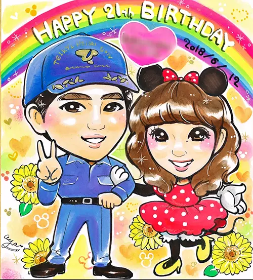 消防士の制服とディズニー衣装風のコスプレ姿で描いたカップルの誕生日祝い似顔絵 | あや子作