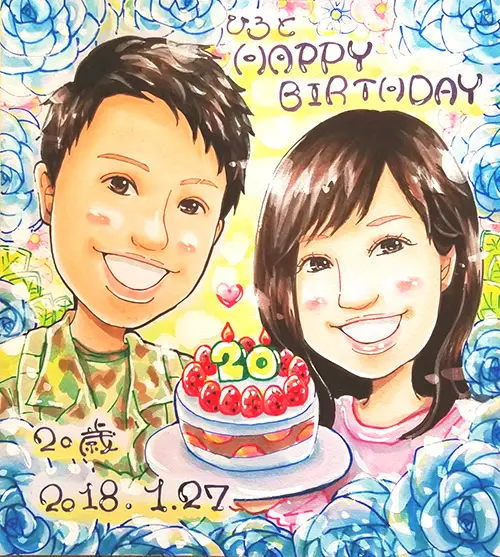 20歳の誕生日祝いに描いた青バラ背景のカップル似顔絵 | かっつん作