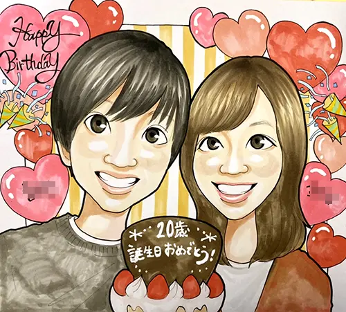 20歳の誕生日祝いにハート背景で描いたカップル似顔絵 | NAO作