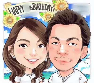 青空と海を背景に描いたカップルの誕生日祝い似顔絵 | nocchi作