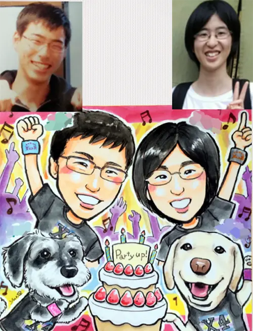 音楽ライブ背景でワンちゃん2匹も一緒に描いたカップルの誕生日似顔絵と顔写真 | YURI作