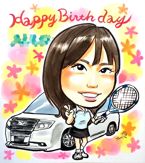 テニス姿の彼女と車を背景に描いた誕生日似顔絵