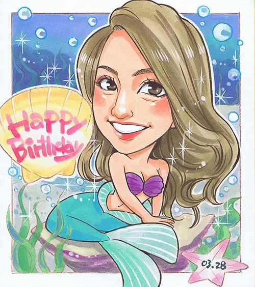人魚姫風のコスプレ姿を描いた彼女の誕生日似顔絵