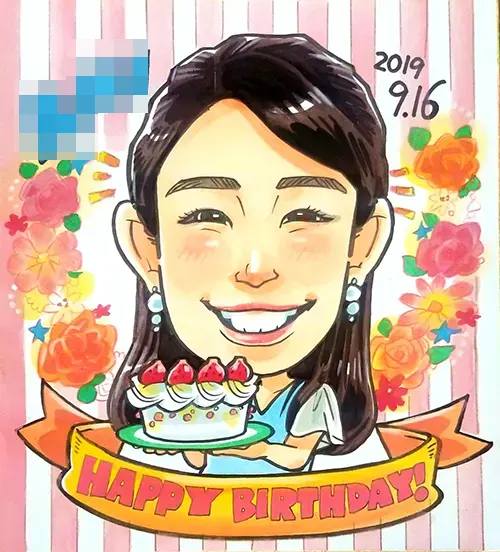 ピンクのストライプ背景に彼女とバースデーケーキを描いた誕生日似顔絵