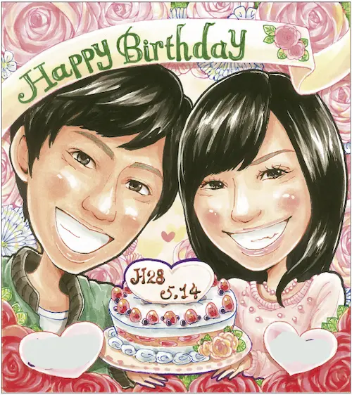 薔薇の背景に誕生日ケーキと彼女・彼氏を描いた似顔絵