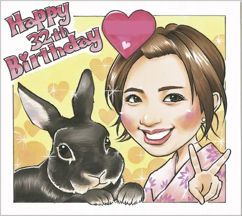 ペットのウサギと彼女を描いた誕生日似顔絵