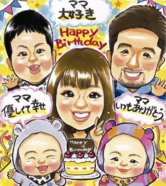 5人家族全員を描いたお母さんに贈る誕生日祝い似顔絵