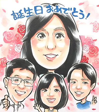 母の誕生日祝いに薔薇の背景で家族を描いた似顔絵 | あいな作