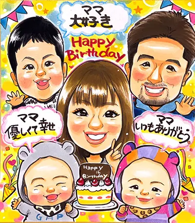 子供3人と夫婦を描いた母の誕生日祝い似顔絵 | 永石エンジ作
