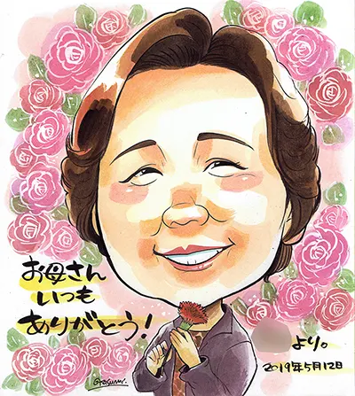 薔薇背景にありがとうのメッセージで母を描いた誕生日祝い似顔絵 | 金井かすみ作
