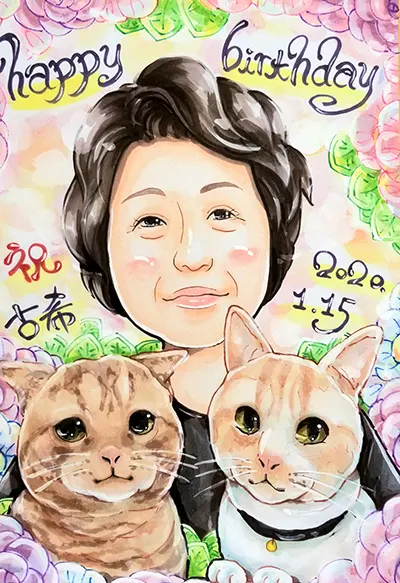 猫2匹と一緒に描いた母の古希祝いの似顔絵 | かっつん作