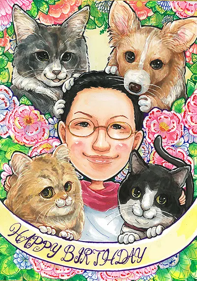 猫3匹と犬を一緒に描いた母の誕生日祝い似顔絵 | かっつん作