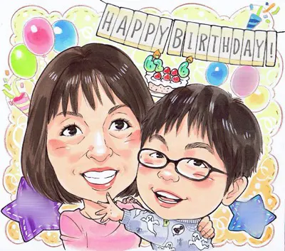 子供とママを一緒に描いた誕生日祝い似顔絵 | nocchi作