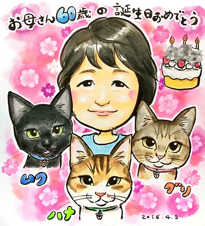 母の60歳祝いに猫3匹と一緒に描いた似顔絵 | YURI作