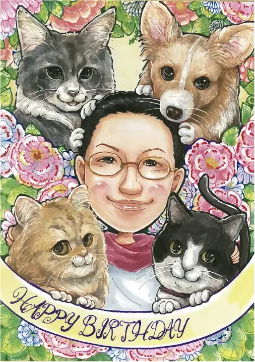 ワンちゃんと猫ちゃんに囲まれた母を描いた誕生日祝い似顔絵