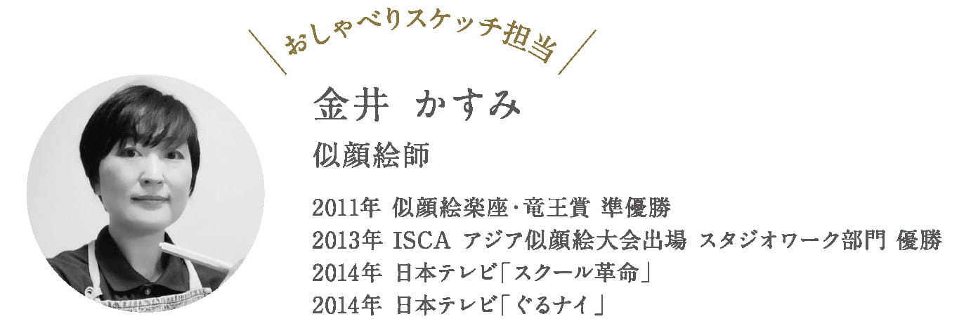 金井かすみ（似顔絵師） | 2011年 似顔絵楽座・竜王賞 準優勝、2013年 ISCA アジア似顔絵大会出場 スタジオワーク部門 優勝、2014年 日本テレビ「スクール革命」出演、2014年 日本テレビ「ぐるナイ」出演