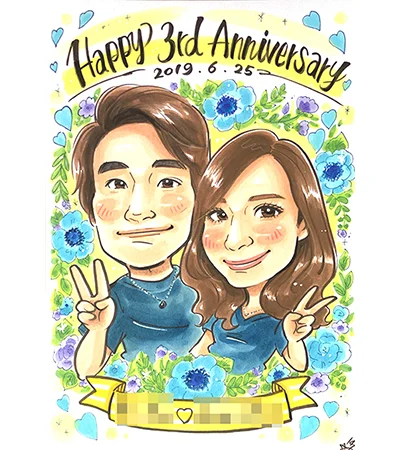 両親と孫を描いた古希祝い似顔絵 | 146作