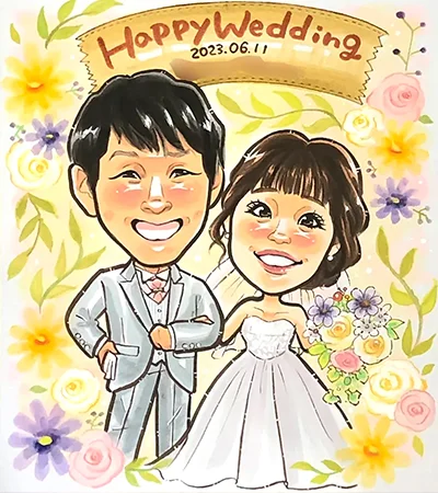 テニスラケットを持った両親と孫を一緒に描いた古希祝い似顔絵 | はるか作