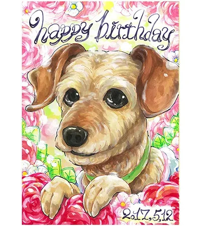 バラの背景でおばあちゃんとペットの犬2匹を描いた古希祝い似顔絵 | かっつん作
