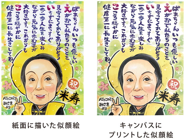 紙面に描いた似顔絵（掲載している各画家の似顔
絵サンプルはこちらになります。）、キャンバスプリント似顔絵（布地にプリントすることで彩度が若干下がり、淡いイメージとなります。）