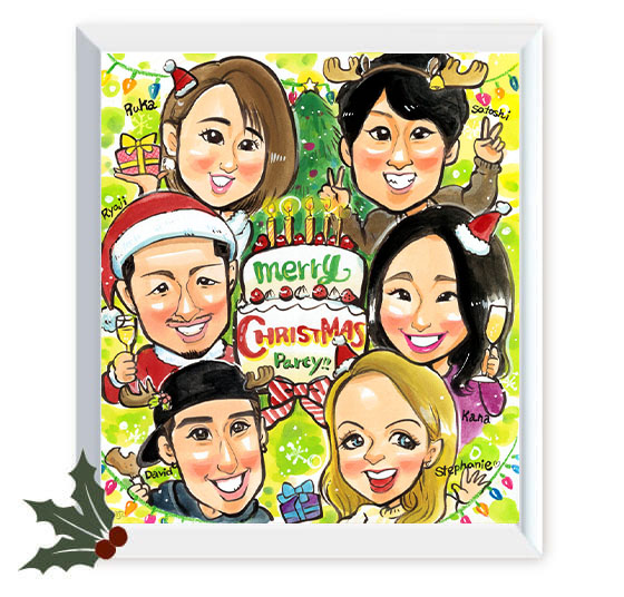 クリスマスパーティーの雰囲気で描いた6人の似顔絵