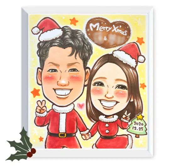 星柄背景でカップルがサンタのコスプレをしているクリスマス似顔絵