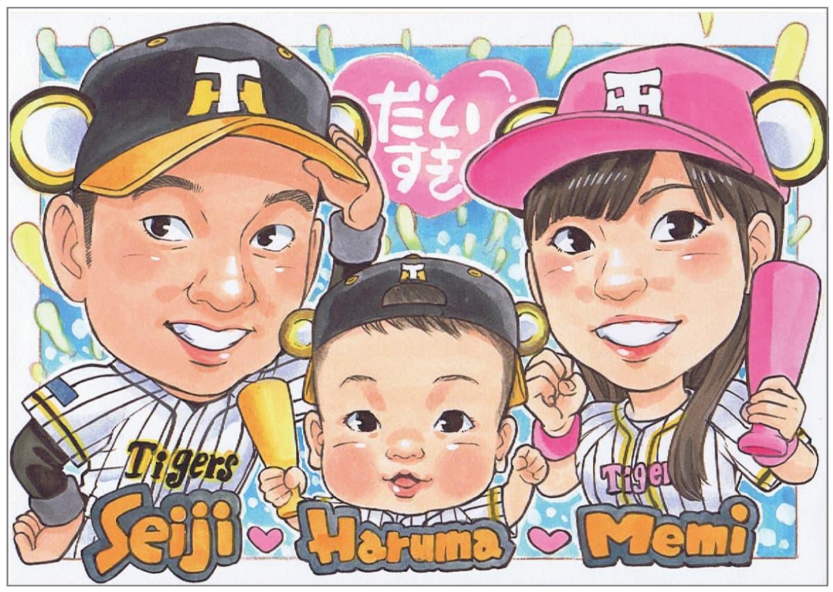 nocchi作の野球ユニフォーム姿の家族3人の似顔絵。