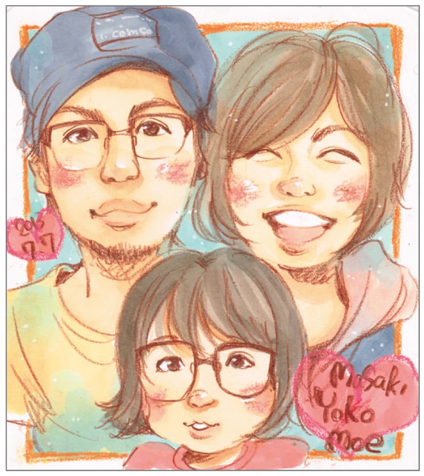 といりえ作の家族3人の似顔絵。