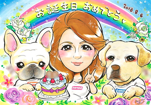 犬と一緒に描いた誕生日似顔絵