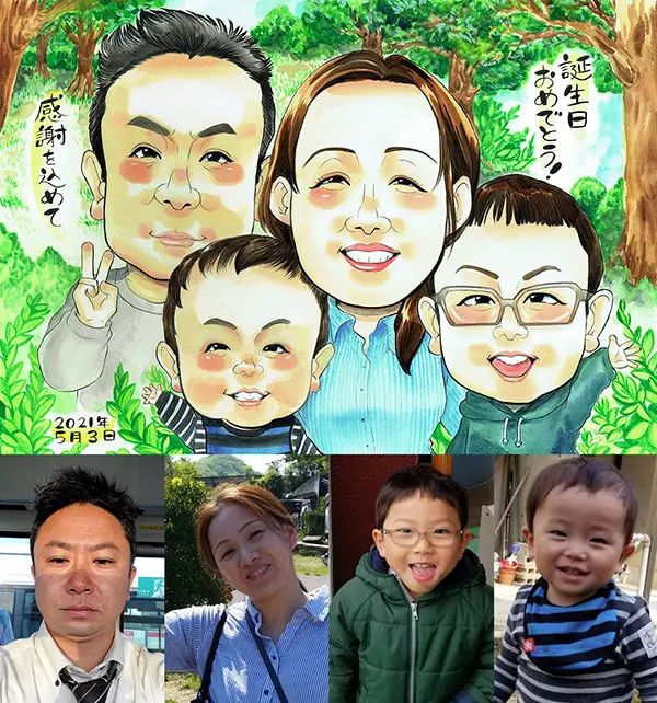 誕生日祝いに描いた家族の似顔絵