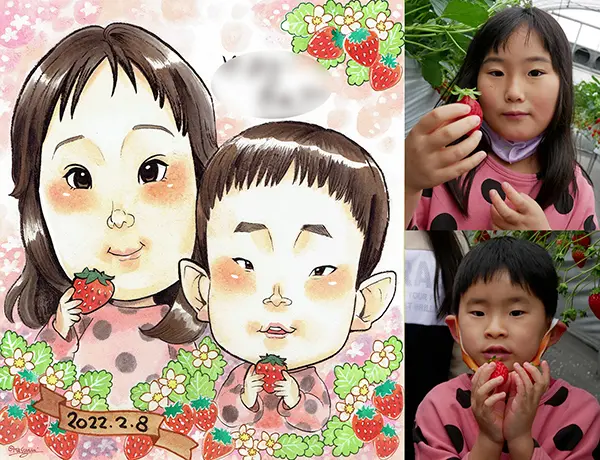 イチゴ畑を背景に描いた子供の似顔絵