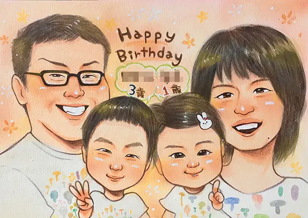 家族4人を描いた誕生日祝い似顔絵